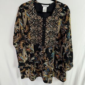 Ella Popken Women's Blouse Size 16/18 XL/1X Black/Gold Print Sequin Long Sleeves